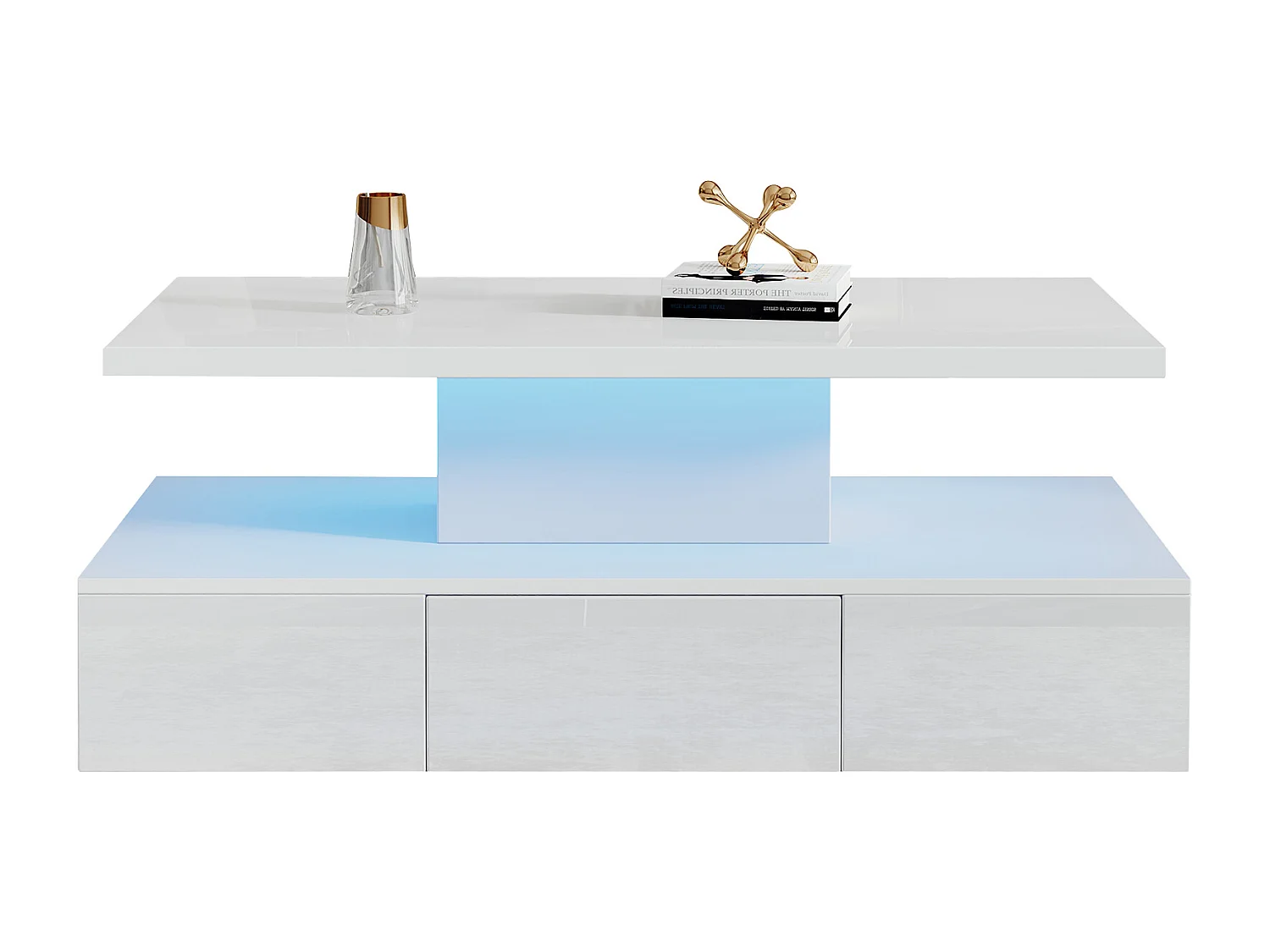 Dwupoziomowy stolik kawowy z połyskiem i diodami LED + otwarta półka + 1 wysuwana szuflada - 100 x 50 x 39 cm - płyta wiórowa - biały