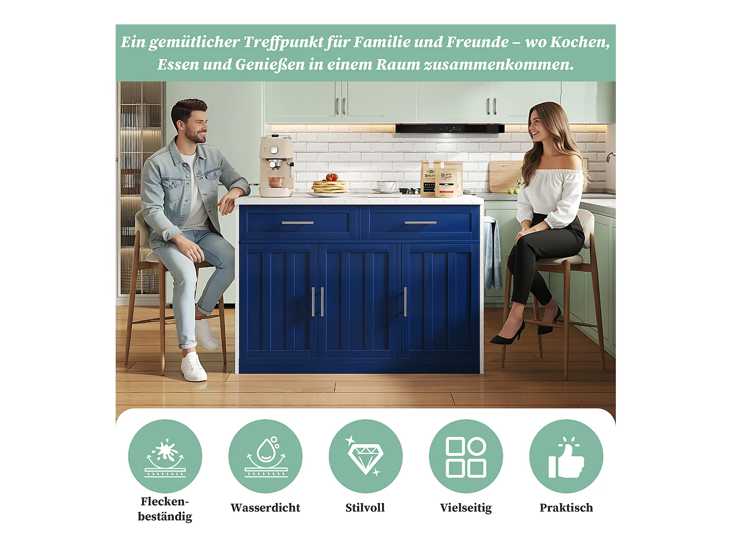 Îlot central de cuisine avec 3 portes + 2 tiroirs - 120 x 60 x 91 cm - avec prises + USB - MDF - bleu