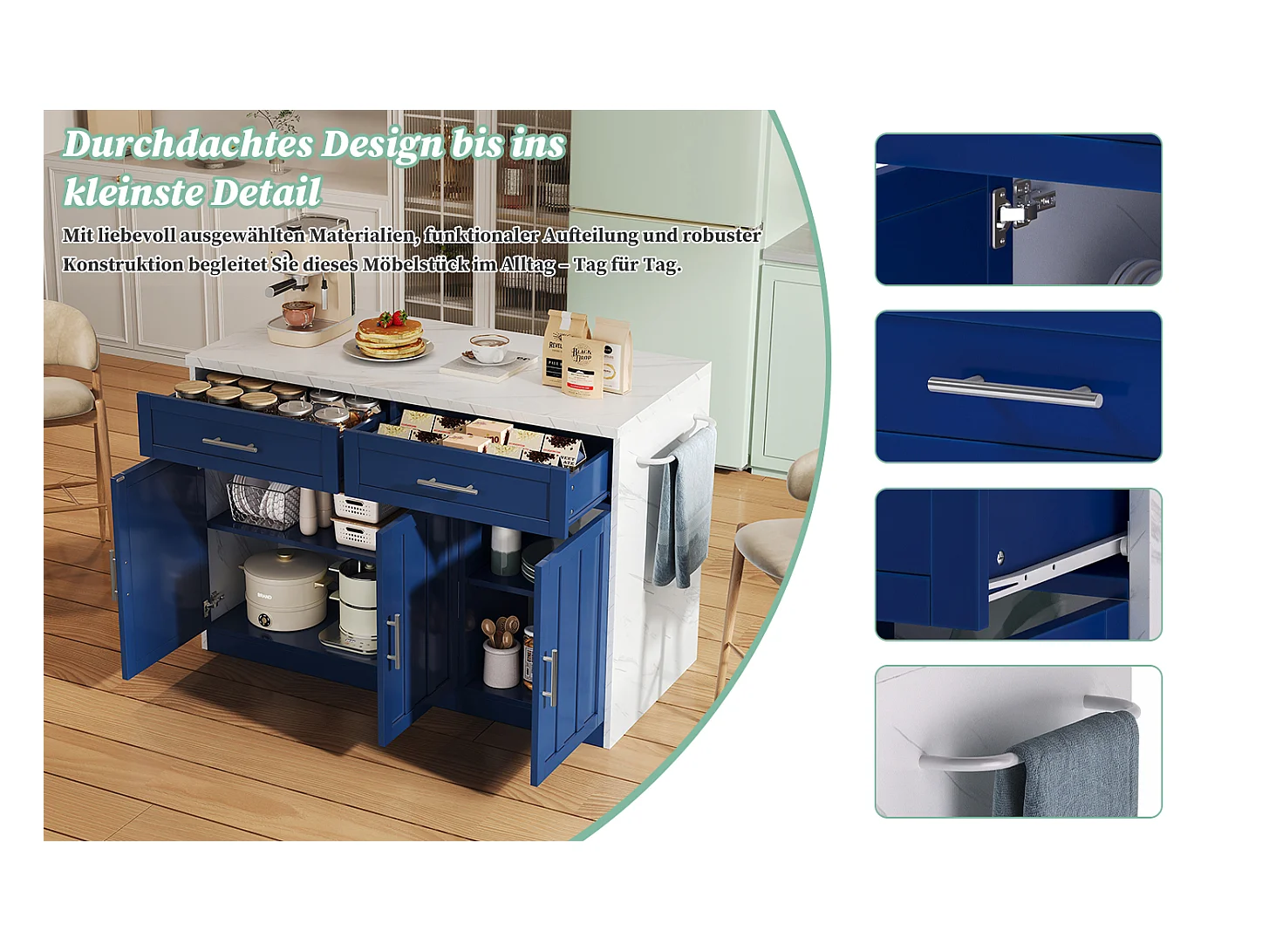 Îlot central de cuisine avec 3 portes + 2 tiroirs - 120 x 60 x 91 cm - avec prises + USB - MDF - bleu