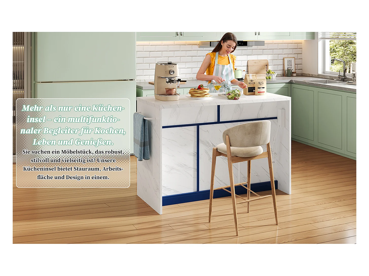 Îlot central de cuisine avec 3 portes + 2 tiroirs - 120 x 60 x 91 cm - avec prises + USB - MDF - bleu