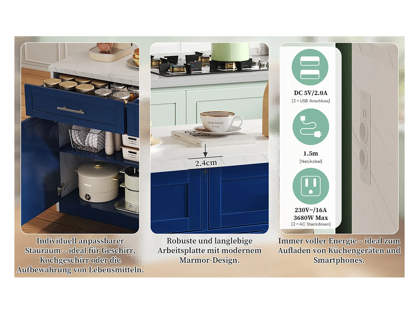 Îlot central de cuisine avec 3 portes + 2 tiroirs - 120 x 60 x 91 cm - avec prises + USB - MDF - bleu