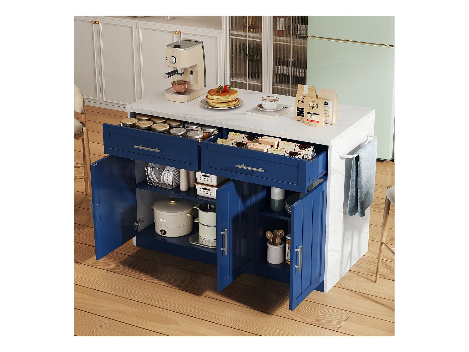 Îlot central de cuisine avec 3 portes + 2 tiroirs - 120 x 60 x 91 cm - avec prises + USB - MDF - bleu