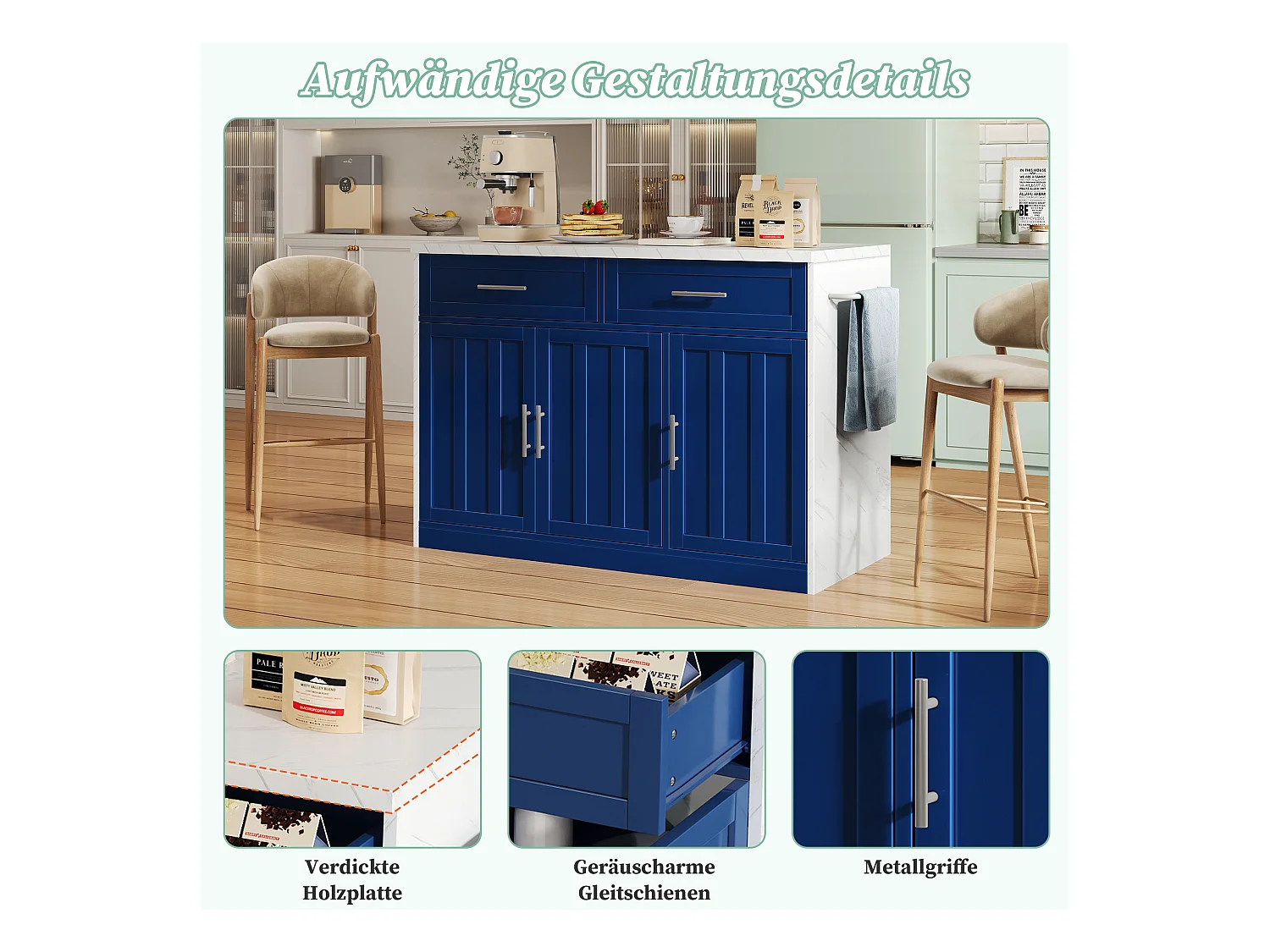 Zentrale Kücheninsel mit 3 Türen + 2 Schubladen - 120 x 60 x 91 cm - mit Steckdosen + USB - MDF - blau