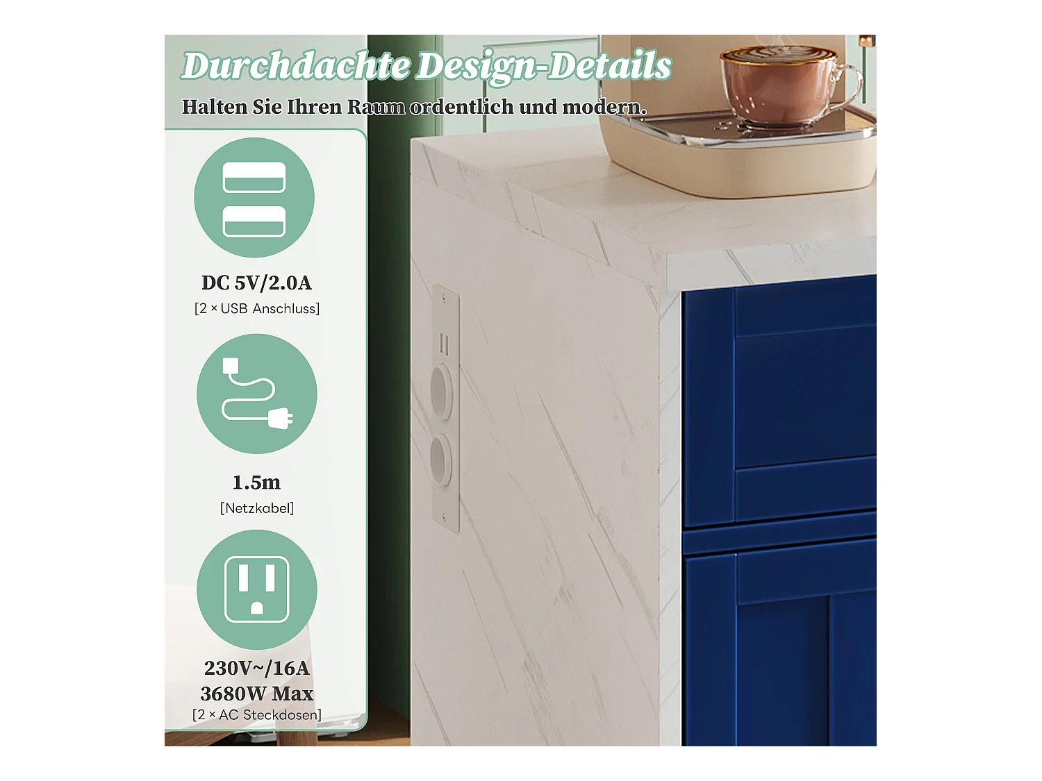 Zentrale Kücheninsel mit 3 Türen + 2 Schubladen - 120 x 60 x 91 cm - mit Steckdosen + USB - MDF - blau