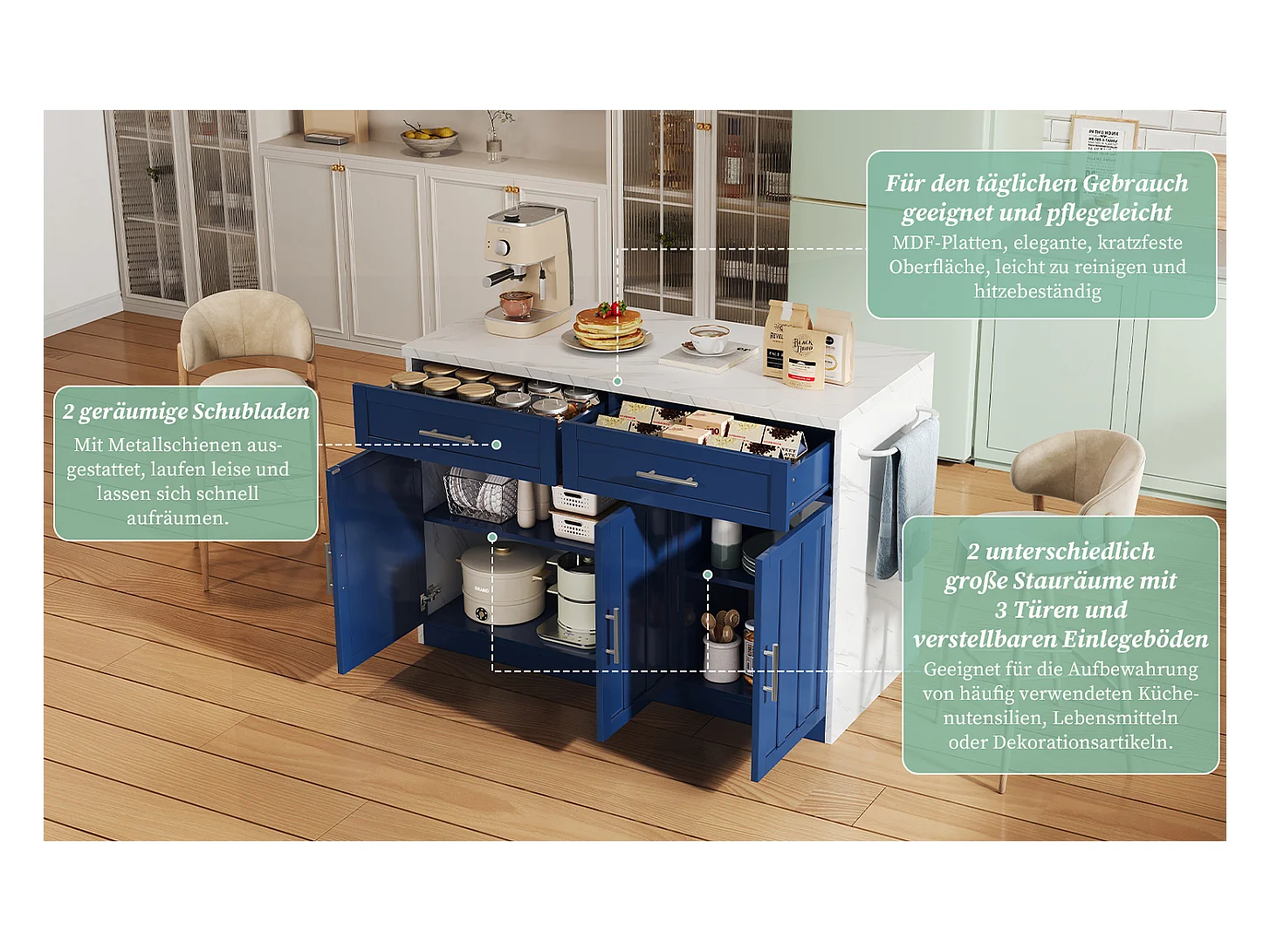 Zentrale Kücheninsel mit 3 Türen + 2 Schubladen - 120 x 60 x 91 cm - mit Steckdosen + USB - MDF - blau