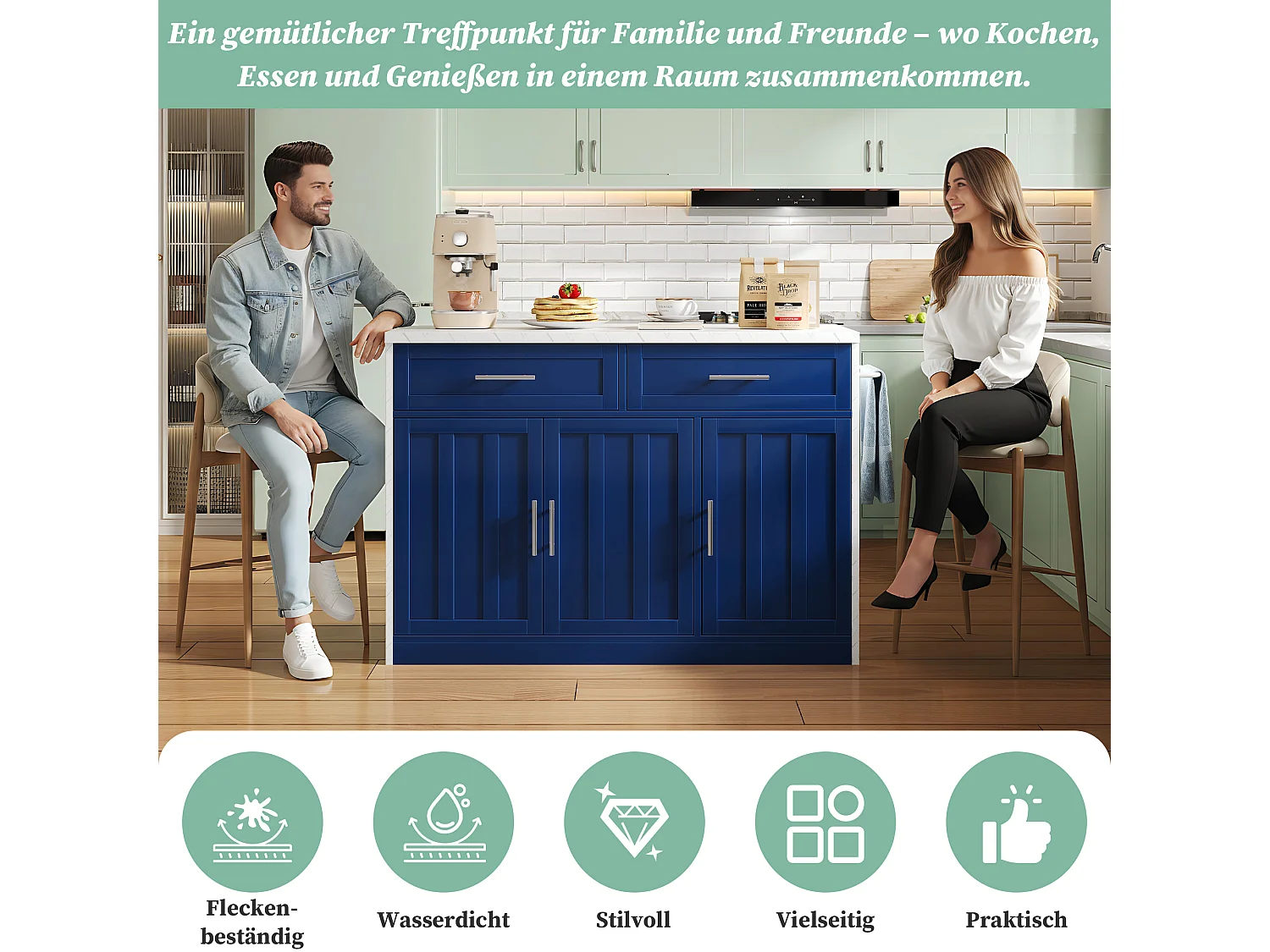 Îlot central de cuisine avec 3 portes + 2 tiroirs - 120 x 60 x 91 cm - avec prises + USB - MDF - bleu