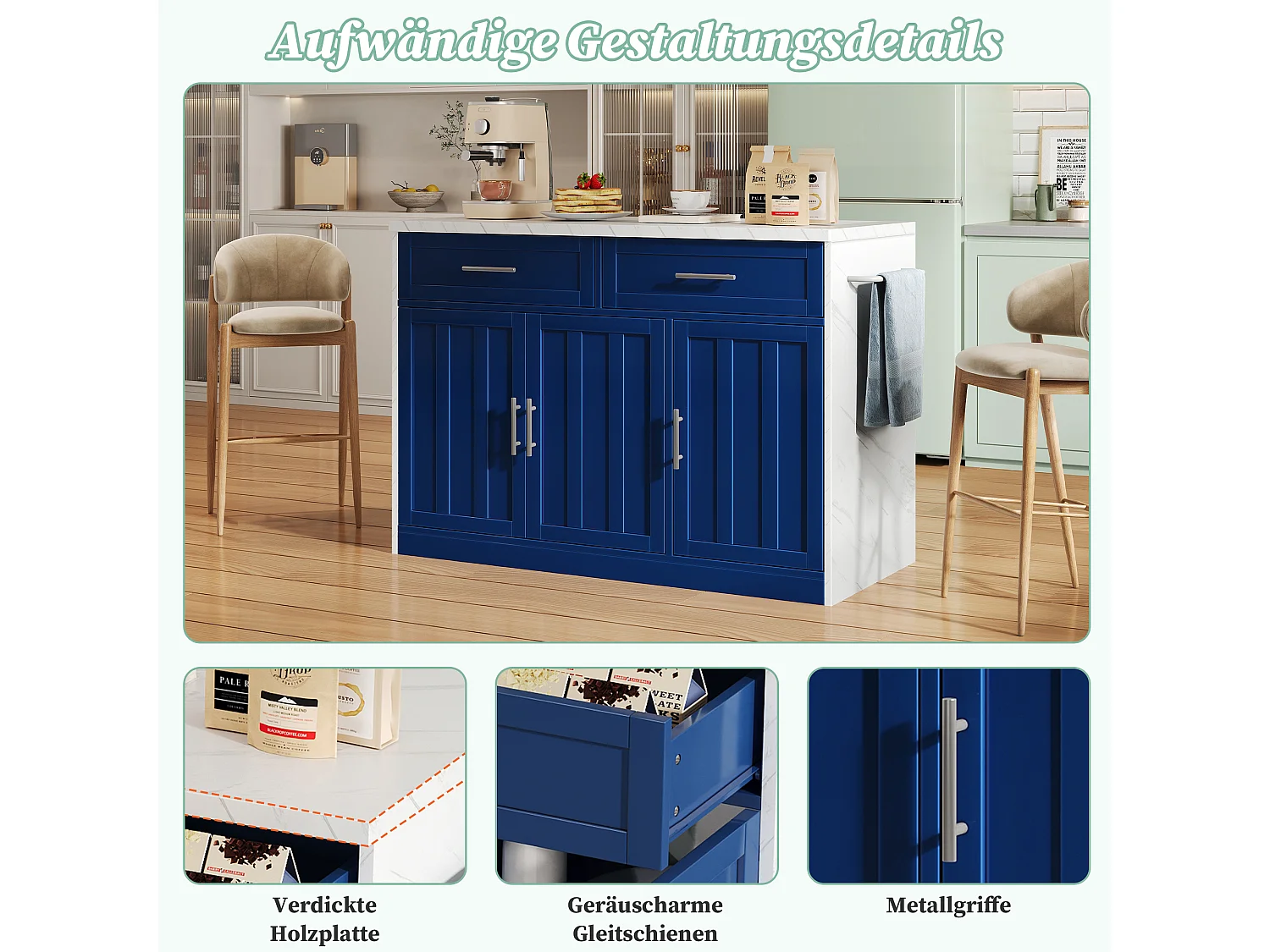 Îlot central de cuisine avec 3 portes + 2 tiroirs - 120 x 60 x 91 cm - avec prises + USB - MDF - bleu
