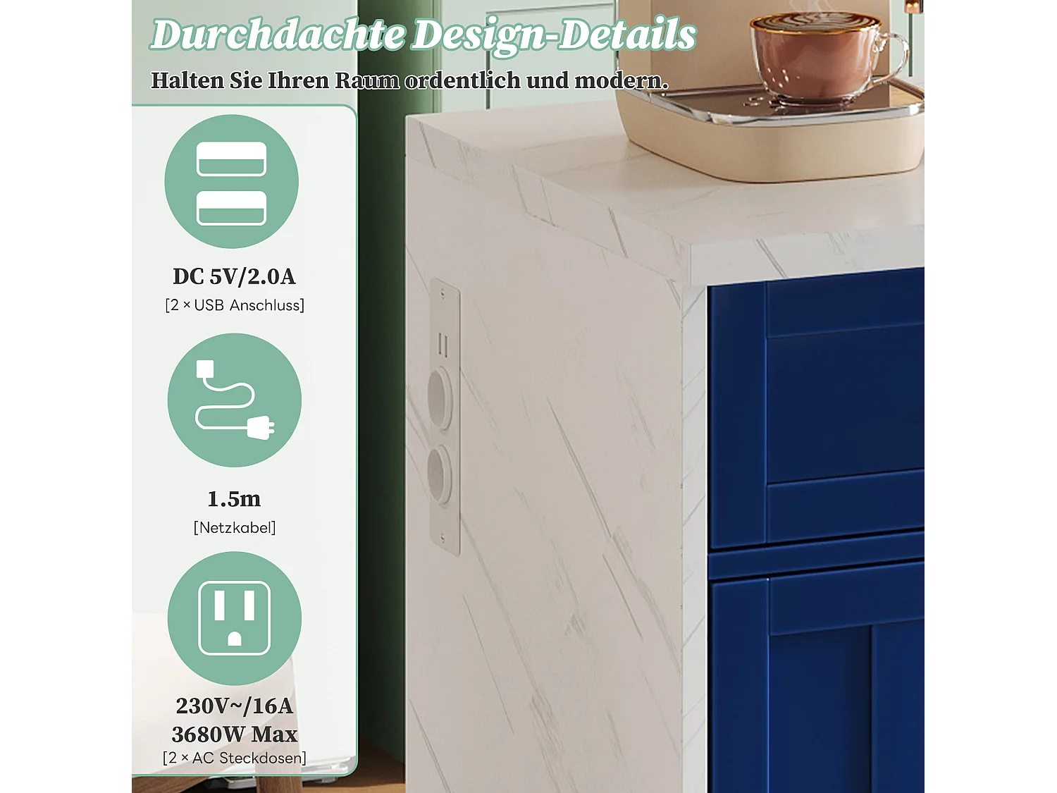 Îlot central de cuisine avec 3 portes + 2 tiroirs - 120 x 60 x 91 cm - avec prises + USB - MDF - bleu