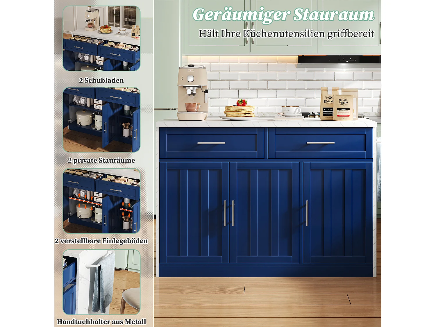 Îlot central de cuisine avec 3 portes + 2 tiroirs - 120 x 60 x 91 cm - avec prises + USB - MDF - bleu