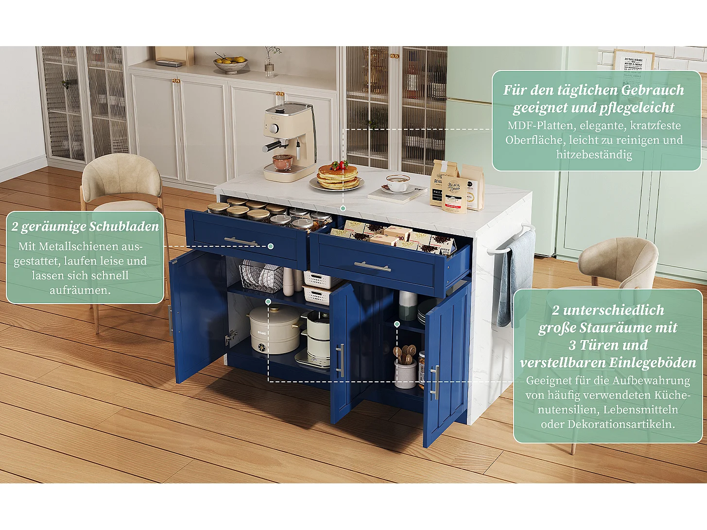 Îlot central de cuisine avec 3 portes + 2 tiroirs - 120 x 60 x 91 cm - avec prises + USB - MDF - bleu