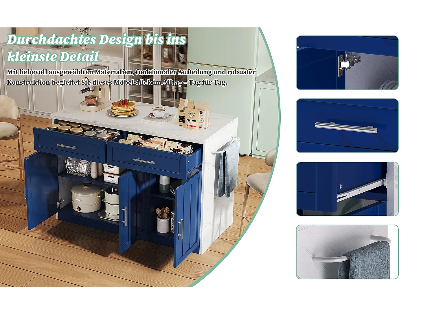 Îlot central de cuisine avec 3 portes + 2 tiroirs - 120 x 60 x 91 cm - avec prises + USB - MDF - bleu