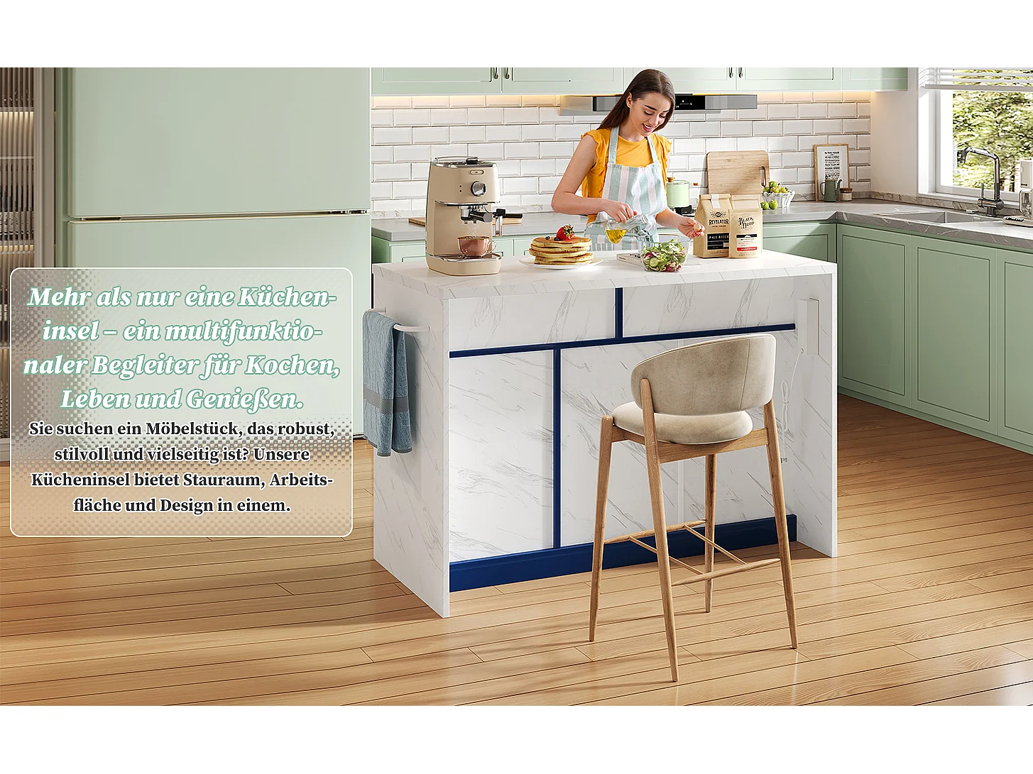 Îlot central de cuisine avec 3 portes + 2 tiroirs - 120 x 60 x 91 cm - avec prises + USB - MDF - bleu