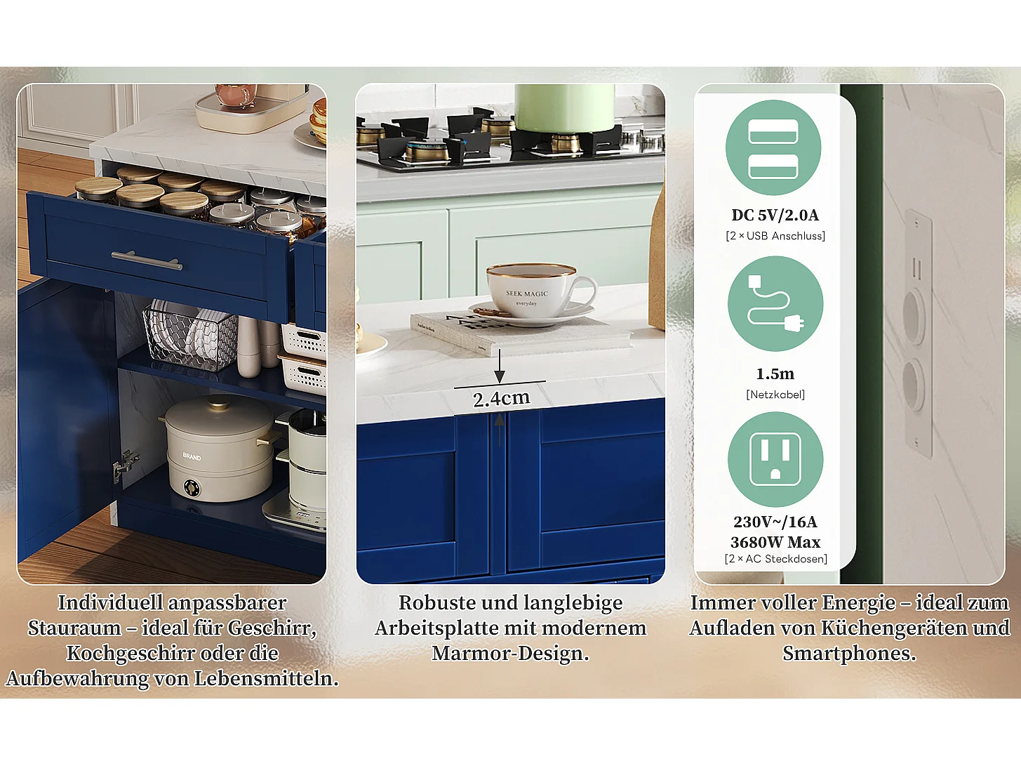 Îlot central de cuisine avec 3 portes + 2 tiroirs - 120 x 60 x 91 cm - avec prises + USB - MDF - bleu