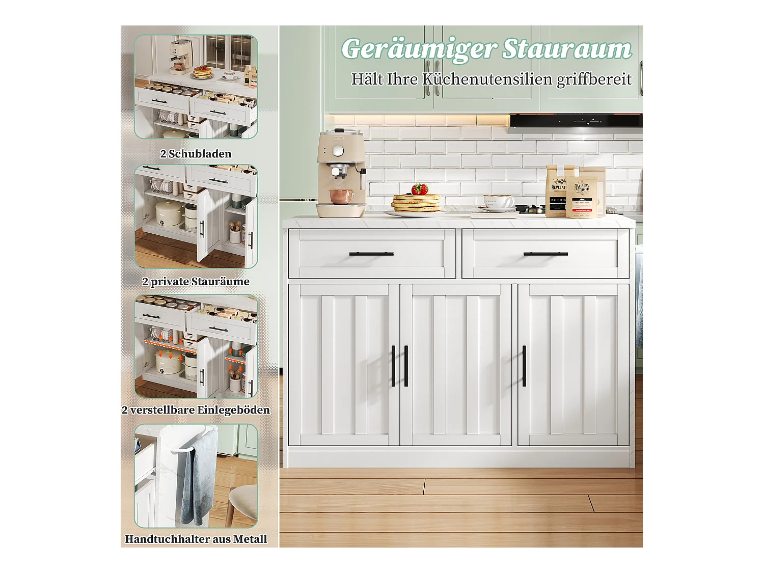 Centralna wyspa kuchenna z 3 drzwiami + 2 szufladami - 120 x 60 x 91 cm - z gniazdkami + USB - MDF - biała