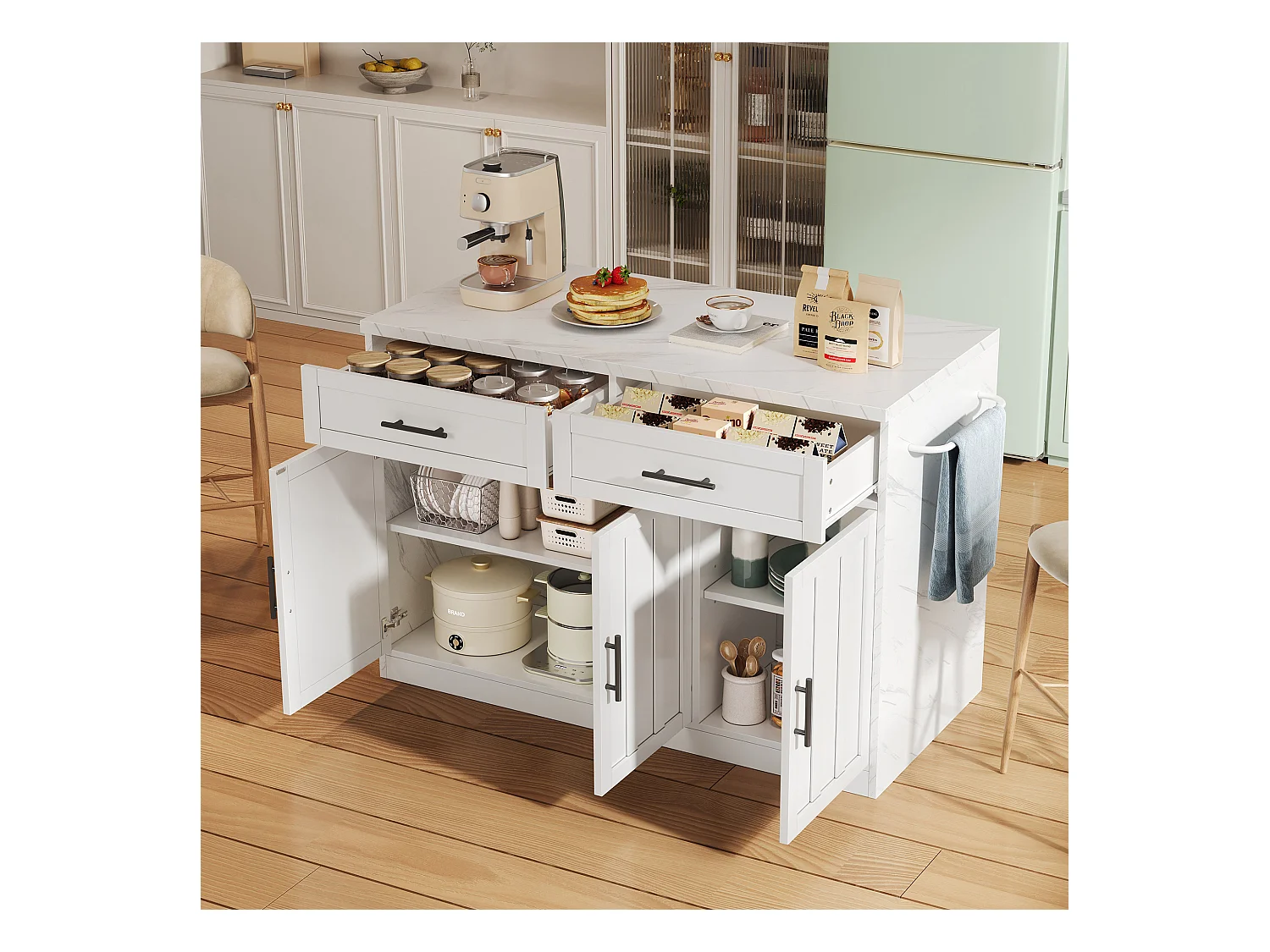 Îlot central de cuisine avec 3 portes + 2 tiroirs - 120 x 60 x 91 cm - avec prises + USB - MDF - blanc