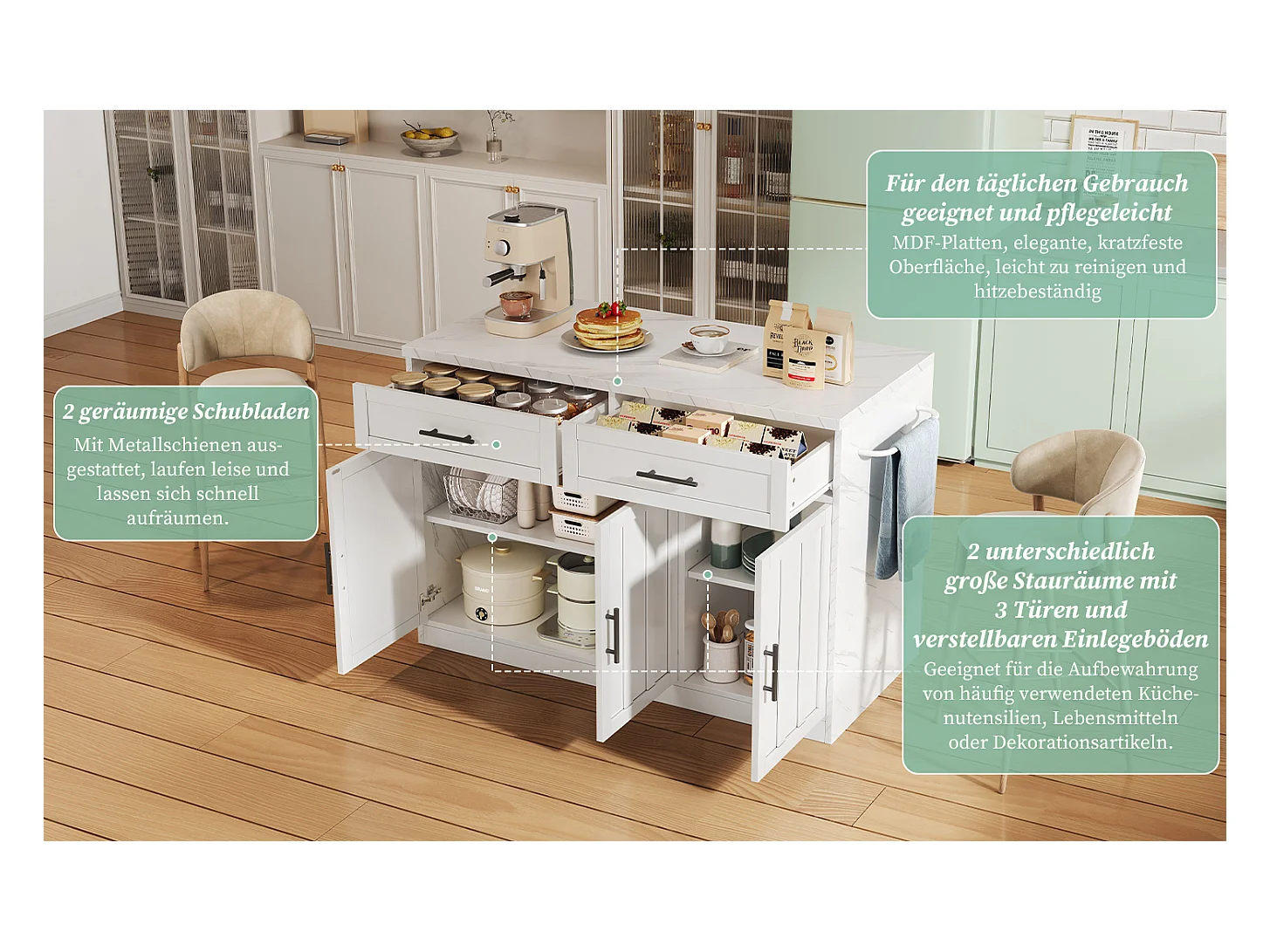 Isla de cocina central con 3 puertas + 2 cajones - 120 x 60 x 91 cm - con enchufes + USB - MDF - blanco
