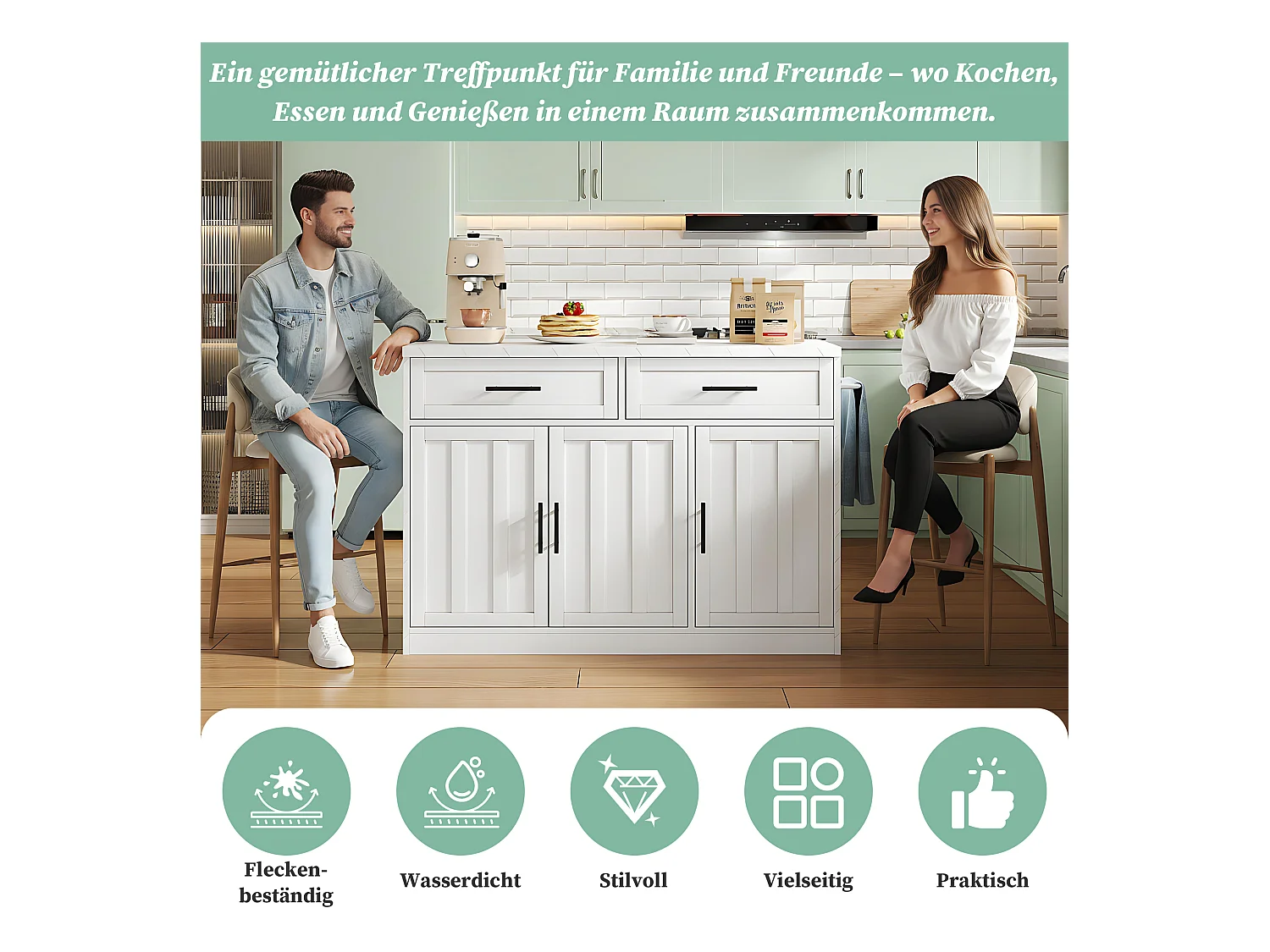 Isla de cocina central con 3 puertas + 2 cajones - 120 x 60 x 91 cm - con enchufes + USB - MDF - blanco