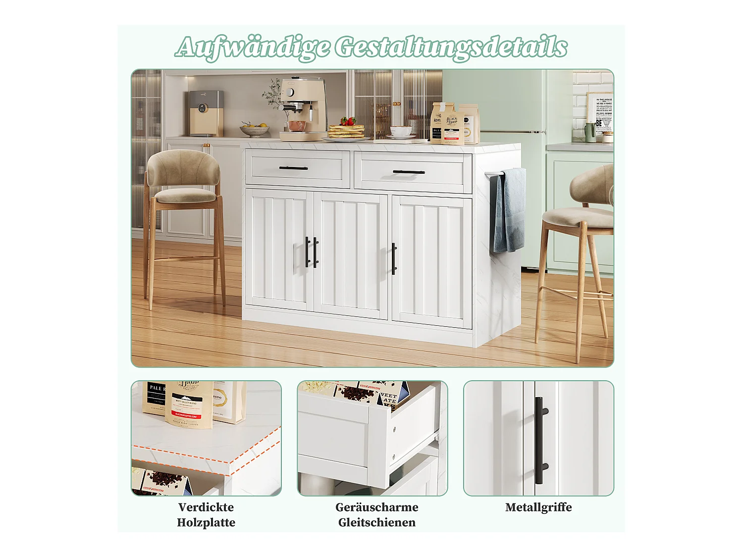 Isla de cocina central con 3 puertas + 2 cajones - 120 x 60 x 91 cm - con enchufes + USB - MDF - blanco