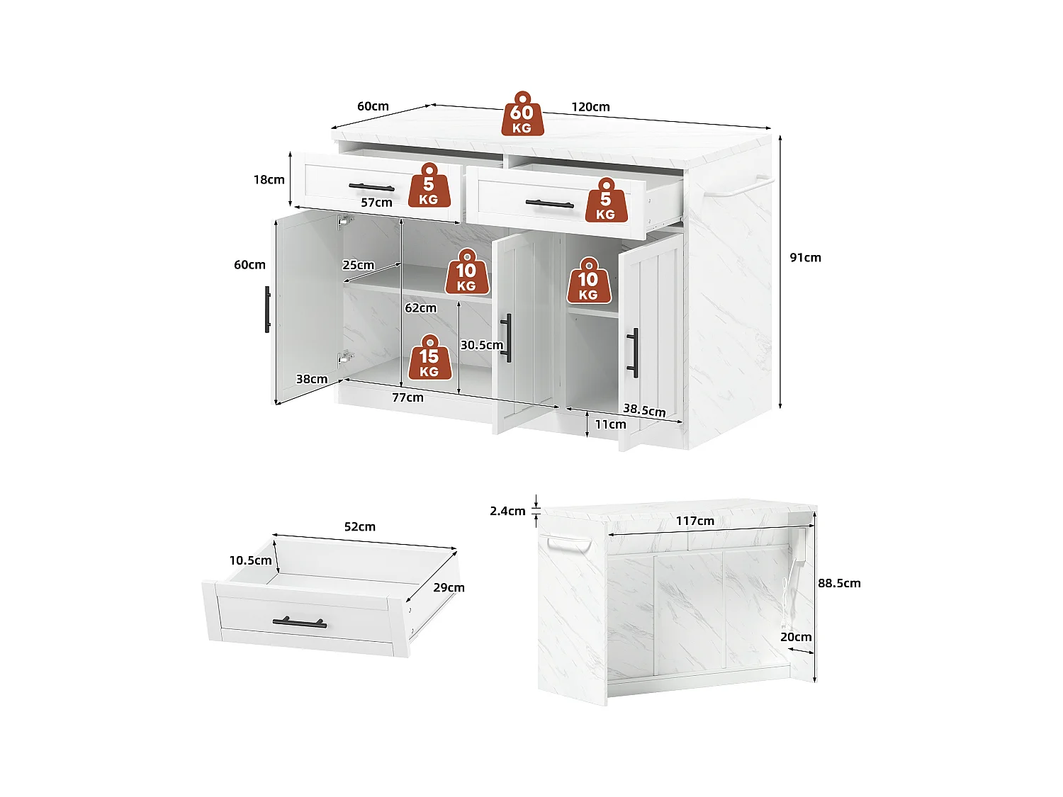 Isla de cocina central con 3 puertas + 2 cajones - 120 x 60 x 91 cm - con enchufes + USB - MDF - blanco