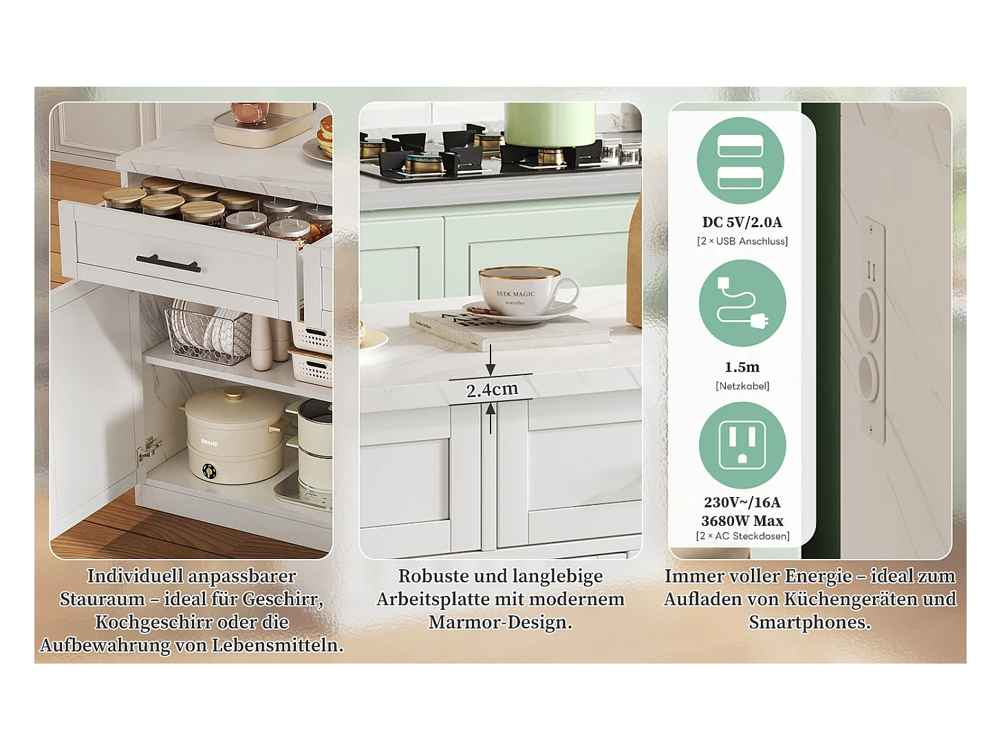 Isla de cocina central con 3 puertas + 2 cajones - 120 x 60 x 91 cm - con enchufes + USB - MDF - blanco