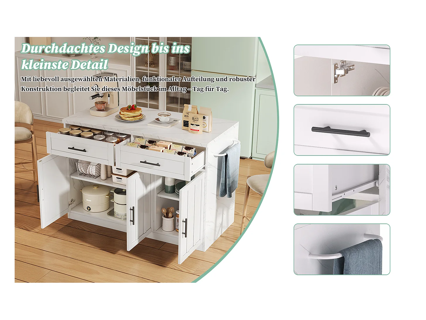 Isla de cocina central con 3 puertas + 2 cajones - 120 x 60 x 91 cm - con enchufes + USB - MDF - blanco