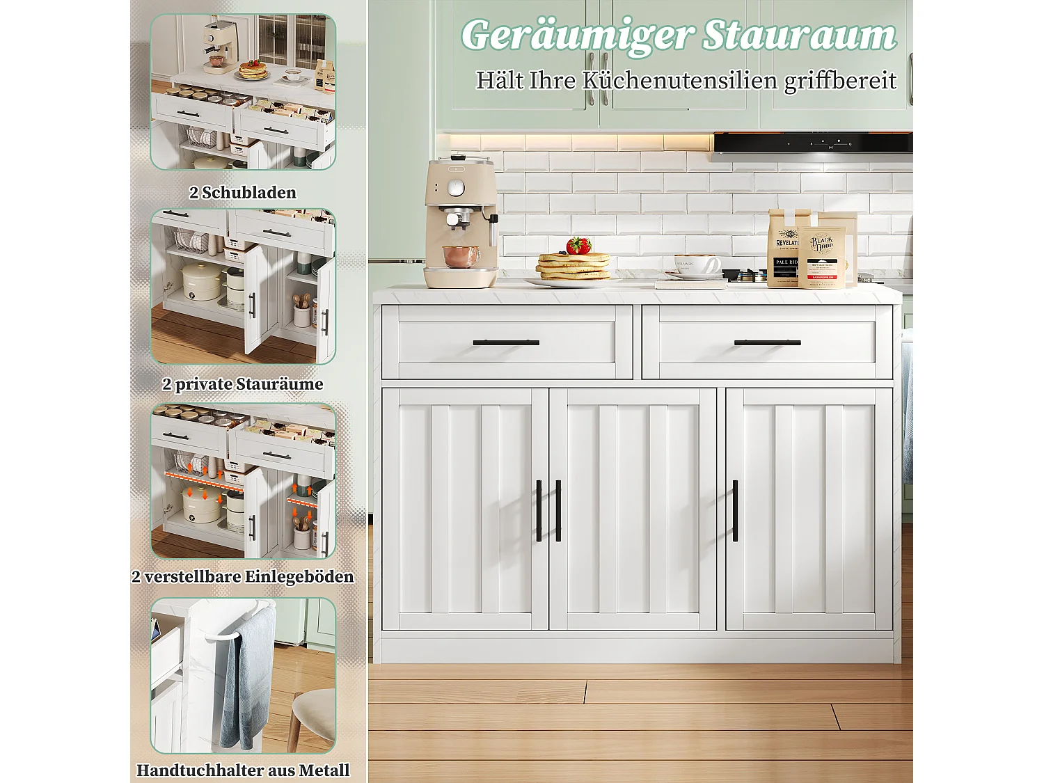 Îlot central de cuisine avec 3 portes + 2 tiroirs - 120 x 60 x 91 cm - avec prises + USB - MDF - blanc