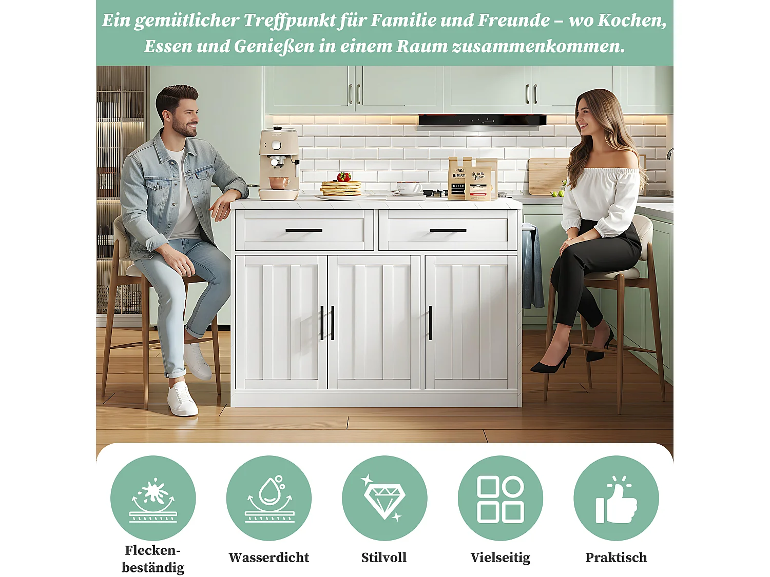 Îlot central de cuisine avec 3 portes + 2 tiroirs - 120 x 60 x 91 cm - avec prises + USB - MDF - blanc
