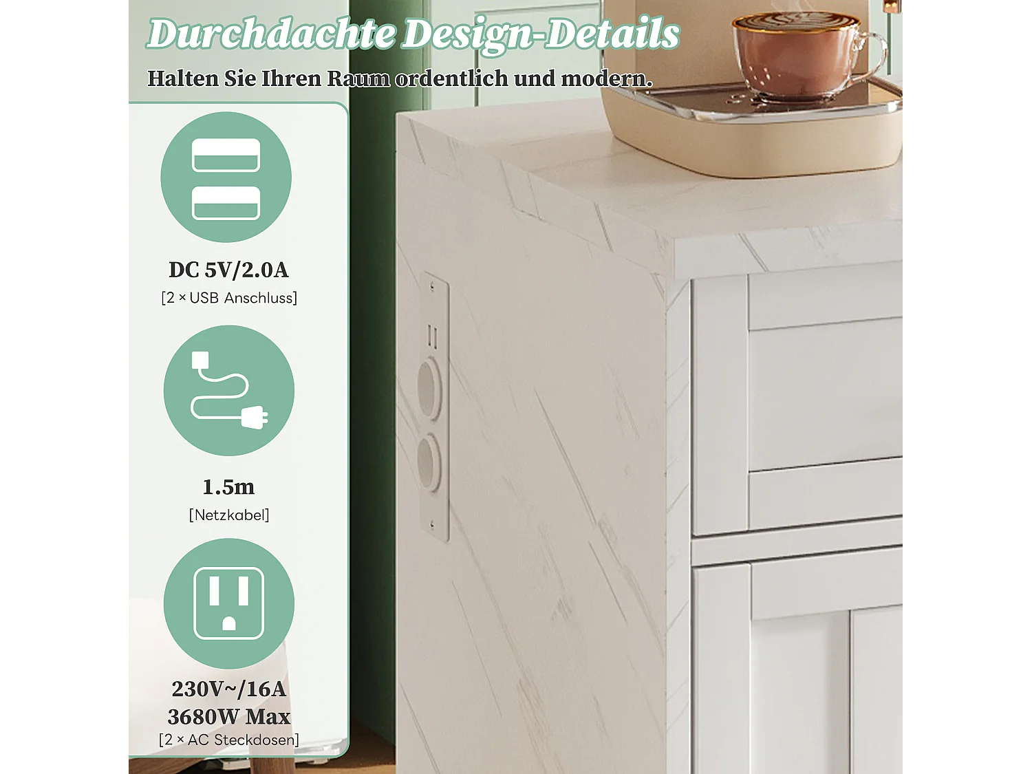 Îlot central de cuisine avec 3 portes + 2 tiroirs - 120 x 60 x 91 cm - avec prises + USB - MDF - blanc