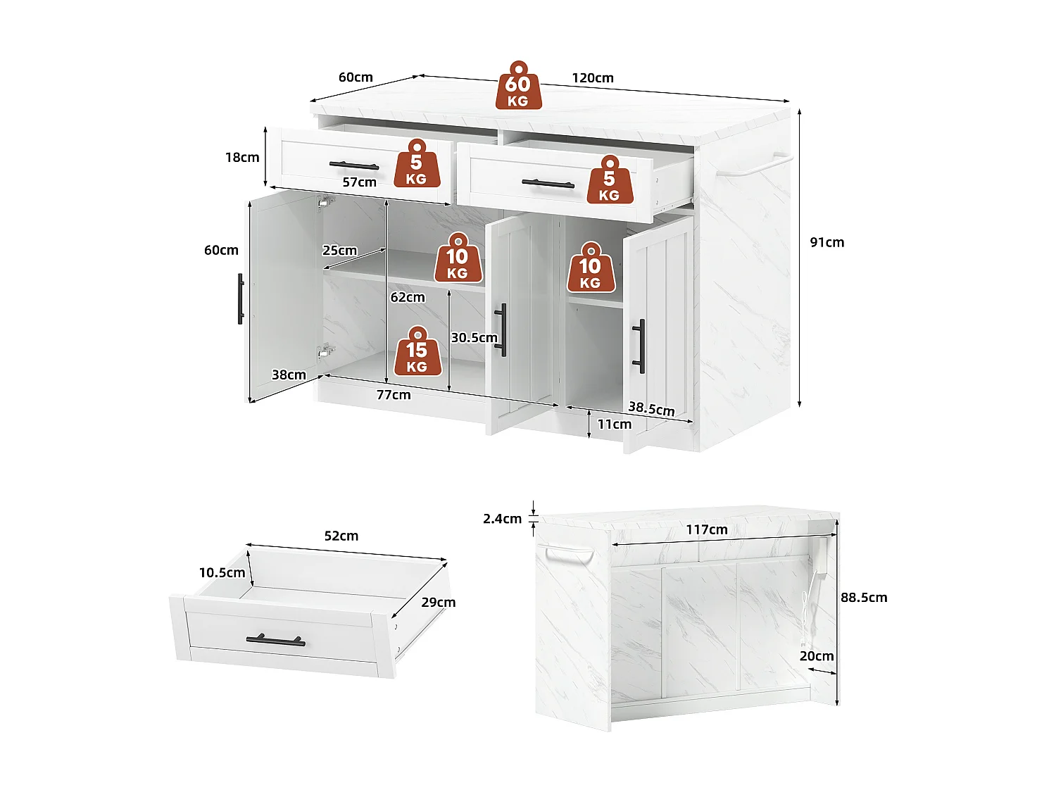 Îlot central de cuisine avec 3 portes + 2 tiroirs - 120 x 60 x 91 cm - avec prises + USB - MDF - blanc
