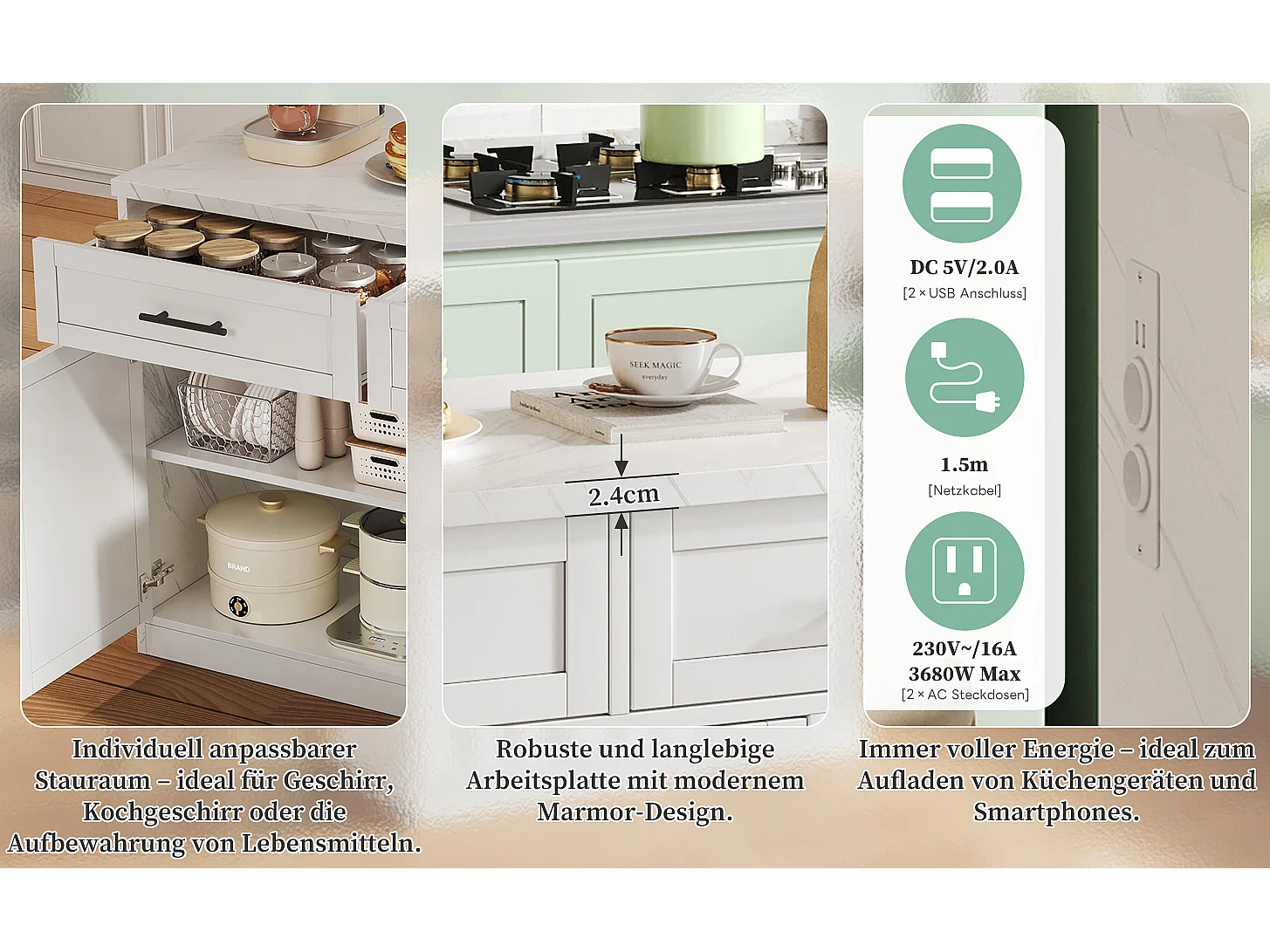 Îlot central de cuisine avec 3 portes + 2 tiroirs - 120 x 60 x 91 cm - avec prises + USB - MDF - blanc