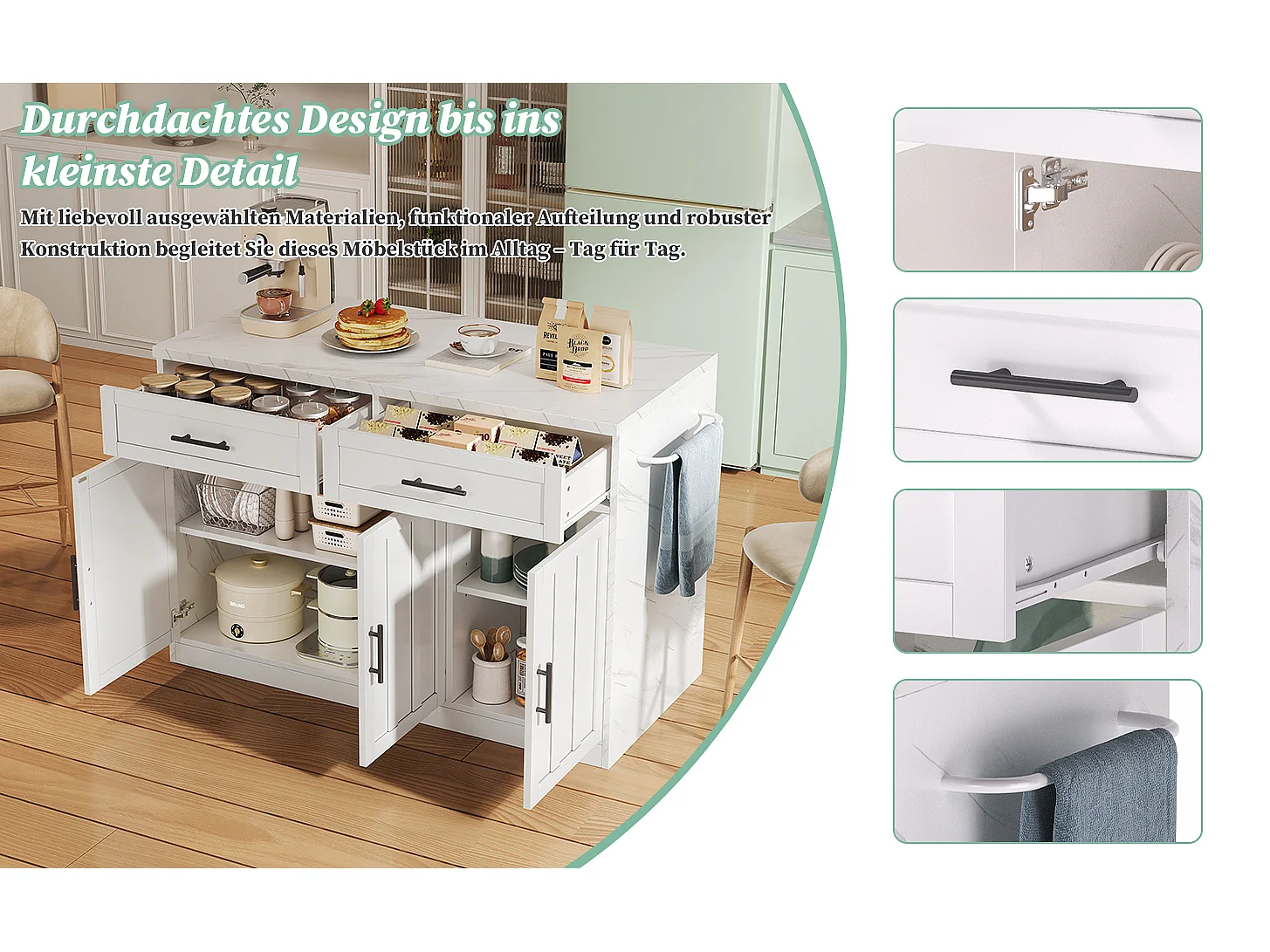 Îlot central de cuisine avec 3 portes + 2 tiroirs - 120 x 60 x 91 cm - avec prises + USB - MDF - blanc