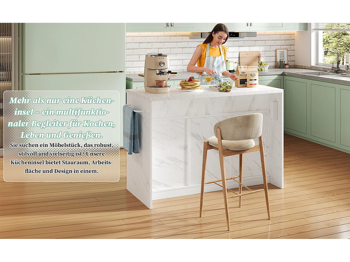 Îlot central de cuisine avec 3 portes + 2 tiroirs - 120 x 60 x 91 cm - avec prises + USB - MDF - blanc