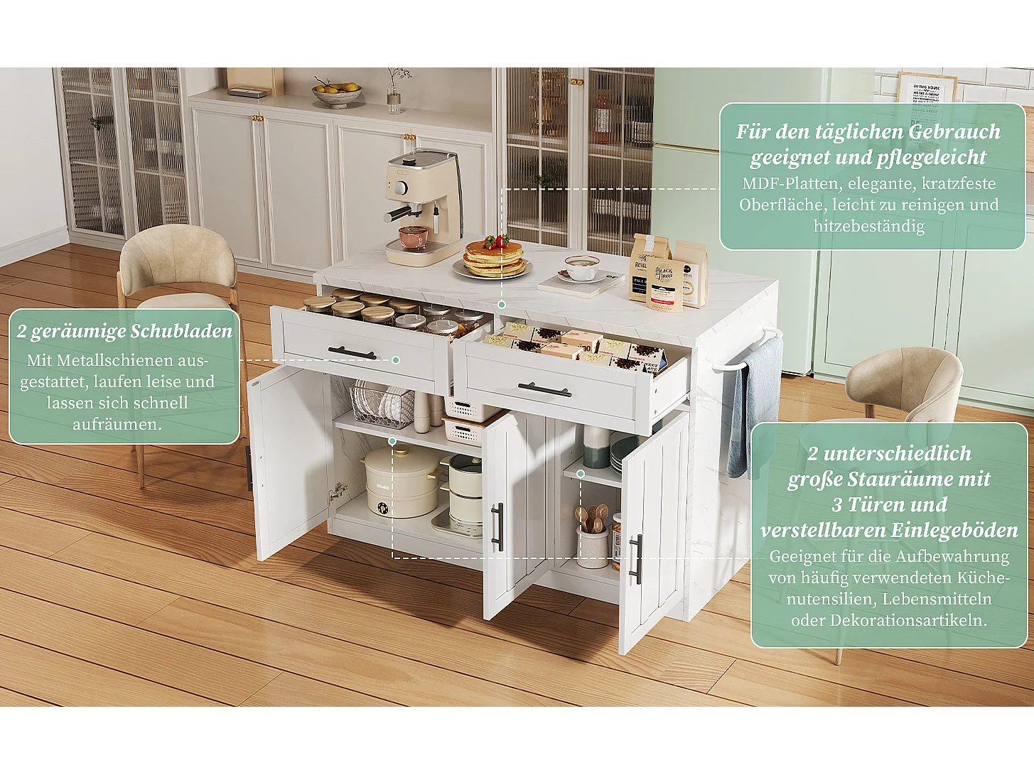 Îlot central de cuisine avec 3 portes + 2 tiroirs - 120 x 60 x 91 cm - avec prises + USB - MDF - blanc