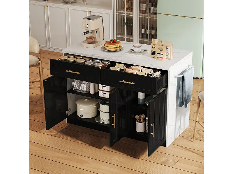 Îlot central de cuisine avec 3 portes + 2 tiroirs - 120 x 60 x 91 cm - avec prises + USB - MDF - noir