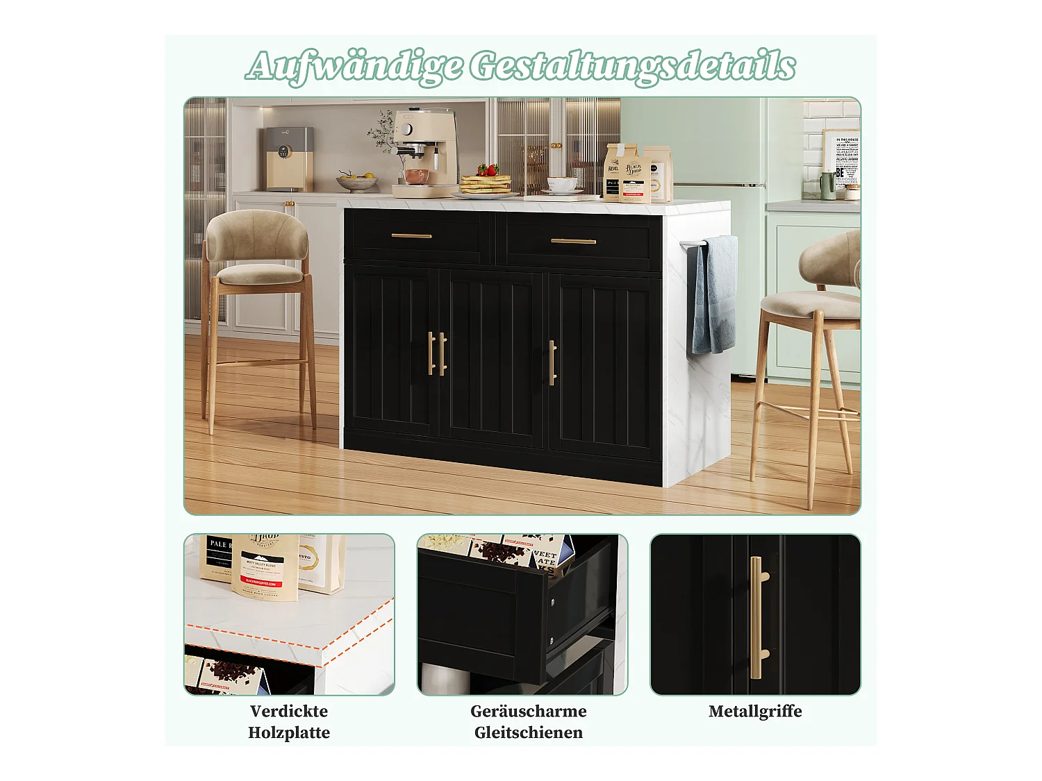 Ilha de cozinha central com 3 portas + 2 gavetas - 120 x 60 x 91 cm - com tomadas + USB - MDF - preto