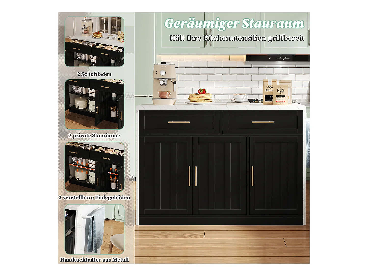 Ilha de cozinha central com 3 portas + 2 gavetas - 120 x 60 x 91 cm - com tomadas + USB - MDF - preto