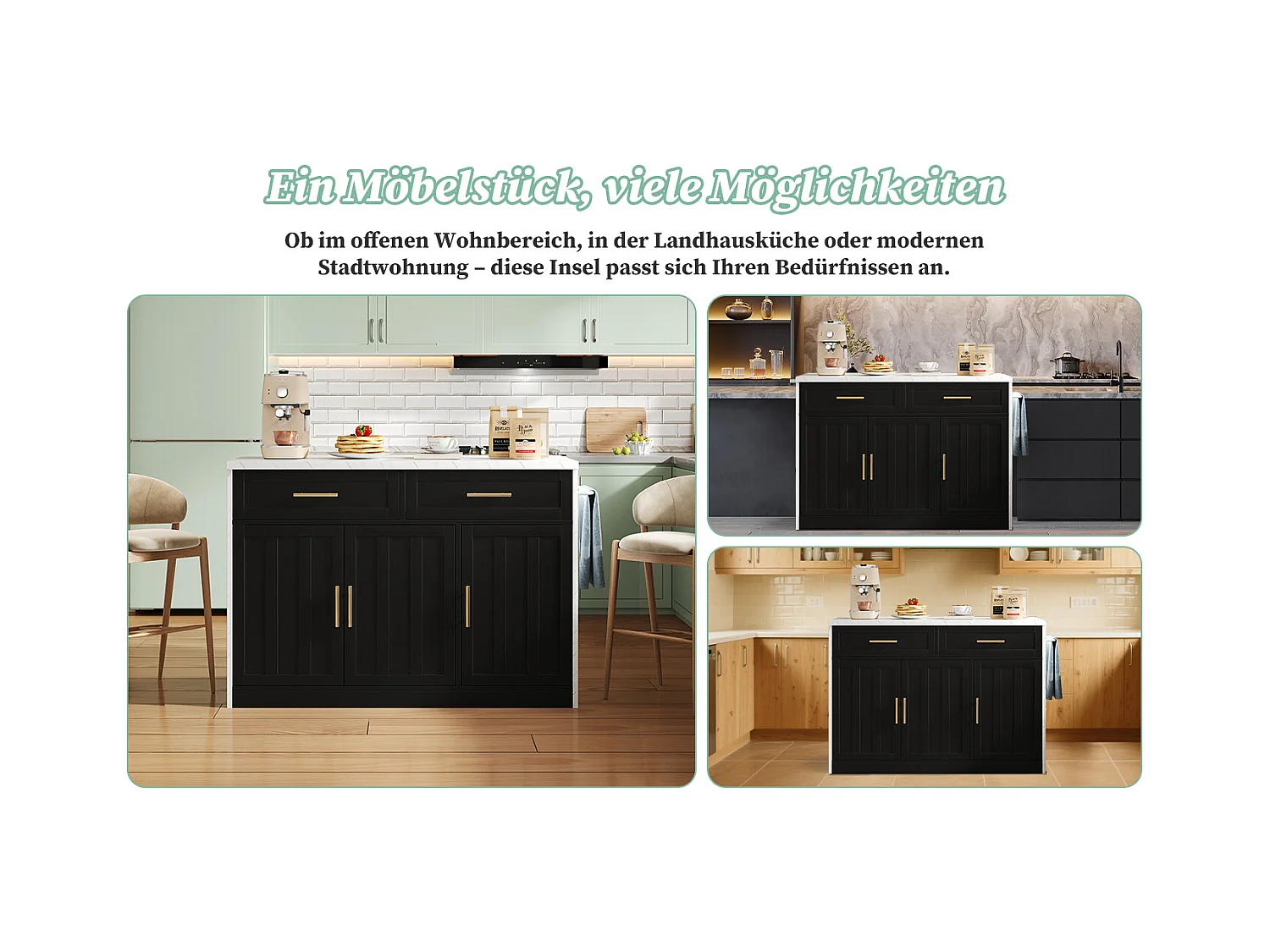 Ilha de cozinha central com 3 portas + 2 gavetas - 120 x 60 x 91 cm - com tomadas + USB - MDF - preto