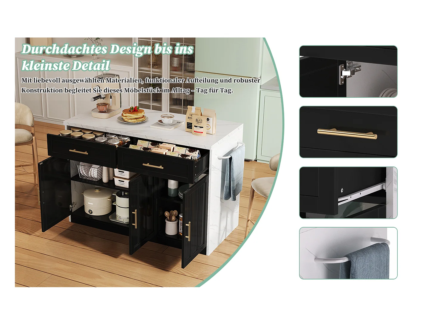 Ilha de cozinha central com 3 portas + 2 gavetas - 120 x 60 x 91 cm - com tomadas + USB - MDF - preto