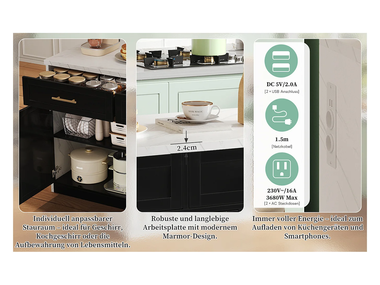 Ilha de cozinha central com 3 portas + 2 gavetas - 120 x 60 x 91 cm - com tomadas + USB - MDF - preto