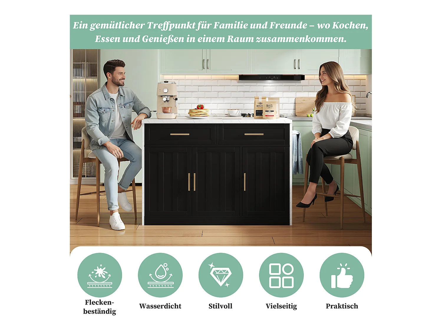 Zentrale Kücheninsel mit 3 Türen + 2 Schubladen - 120 x 60 x 91 cm - mit Steckdosen + USB - MDF - schwarz