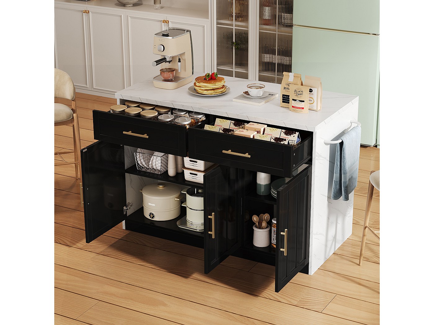 Isla De Cocina Central Con 3 Puertas 2 Cajones - 120 X 60 X 91 Cm Con Enchufes Usb Mdf Negro