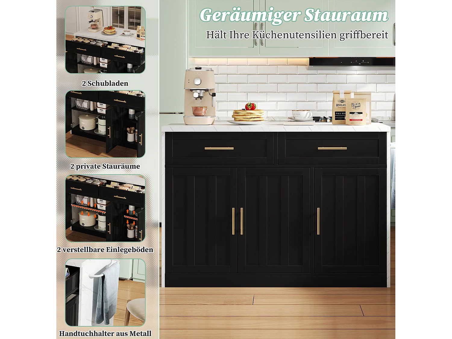 Îlot central de cuisine avec 3 portes + 2 tiroirs - 120 x 60 x 91 cm - avec prises + USB - MDF - noir