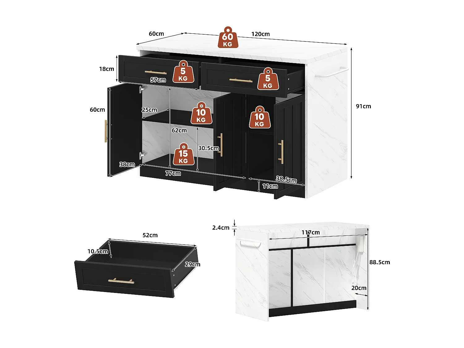 Îlot central de cuisine avec 3 portes + 2 tiroirs - 120 x 60 x 91 cm - avec prises + USB - MDF - noir