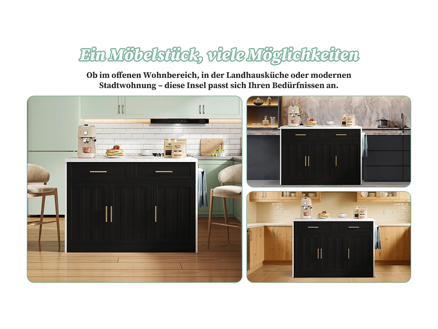 Îlot central de cuisine avec 3 portes + 2 tiroirs - 120 x 60 x 91 cm - avec prises + USB - MDF - noir