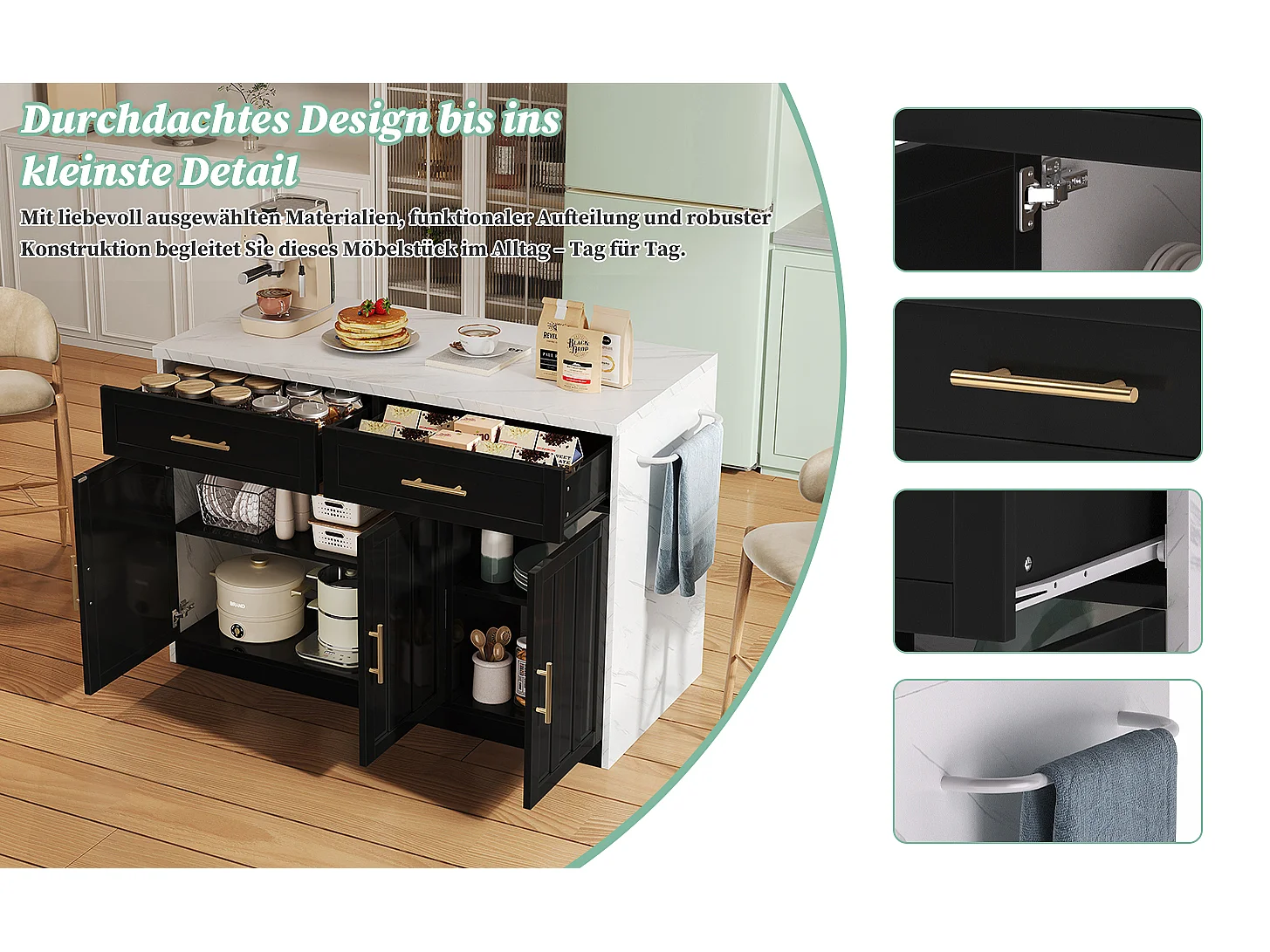 Îlot central de cuisine avec 3 portes + 2 tiroirs - 120 x 60 x 91 cm - avec prises + USB - MDF - noir