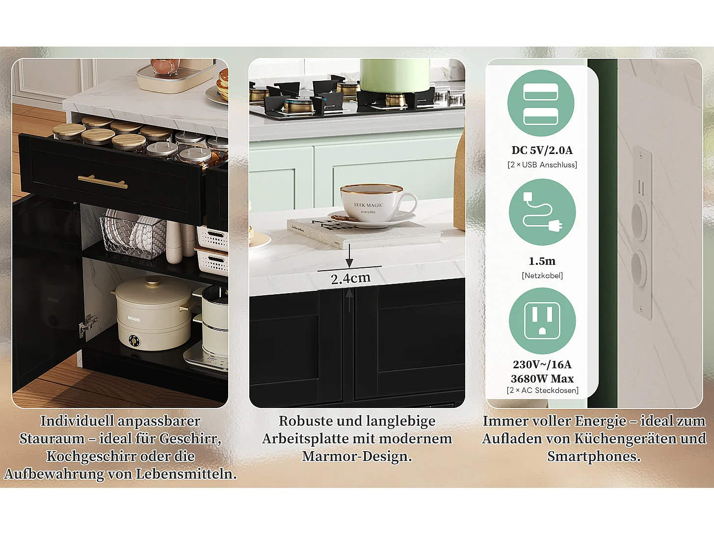 Îlot central de cuisine avec 3 portes + 2 tiroirs - 120 x 60 x 91 cm - avec prises + USB - MDF - noir