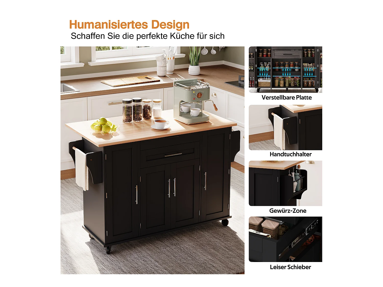 Îlot central mobile avec plan de travail extensible + 2 tiroirs + 4 portes - 136 x 45/70 x 92 cm - MDF - noir