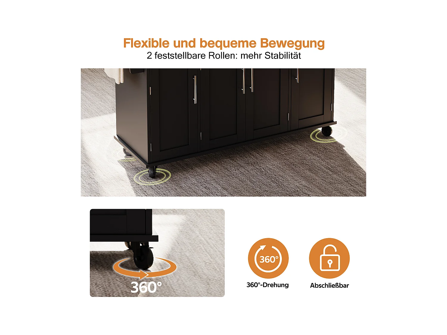 Îlot central mobile avec plan de travail extensible + 2 tiroirs + 4 portes - 136 x 45/70 x 92 cm - MDF - noir