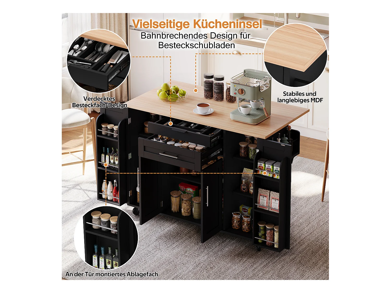 Îlot central mobile avec plan de travail extensible + 2 tiroirs + 4 portes - 136 x 45/70 x 92 cm - MDF - noir