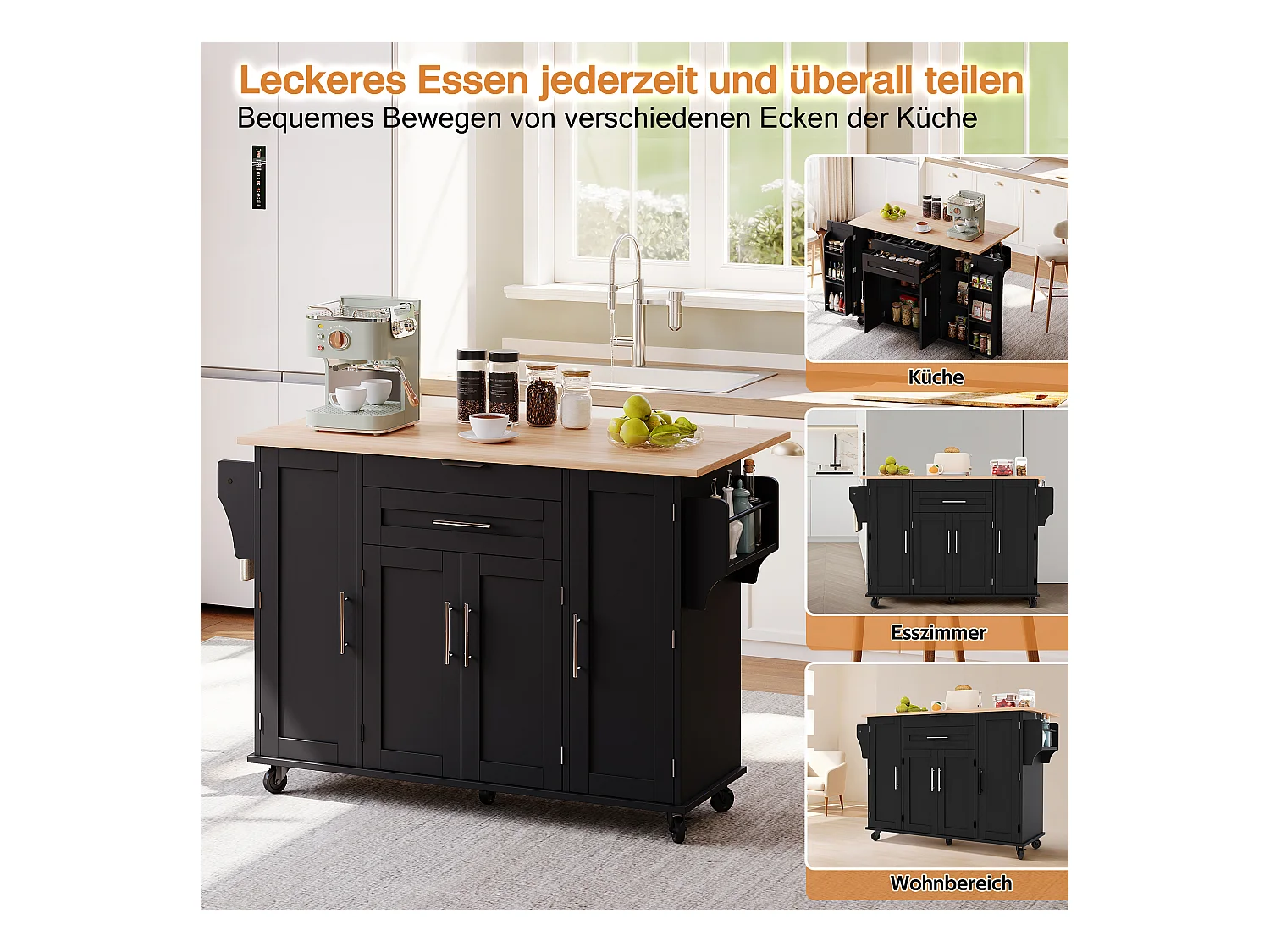 Îlot central mobile avec plan de travail extensible + 2 tiroirs + 4 portes - 136 x 45/70 x 92 cm - MDF - noir